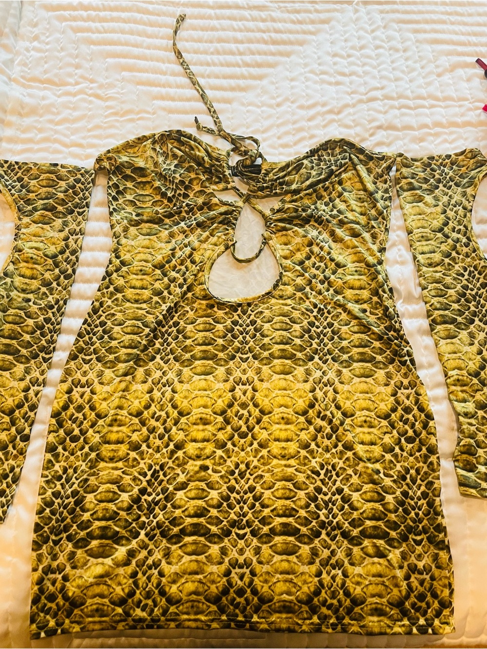 PrettyLittleThing Yellow Snake-Print Halter Mini Dress